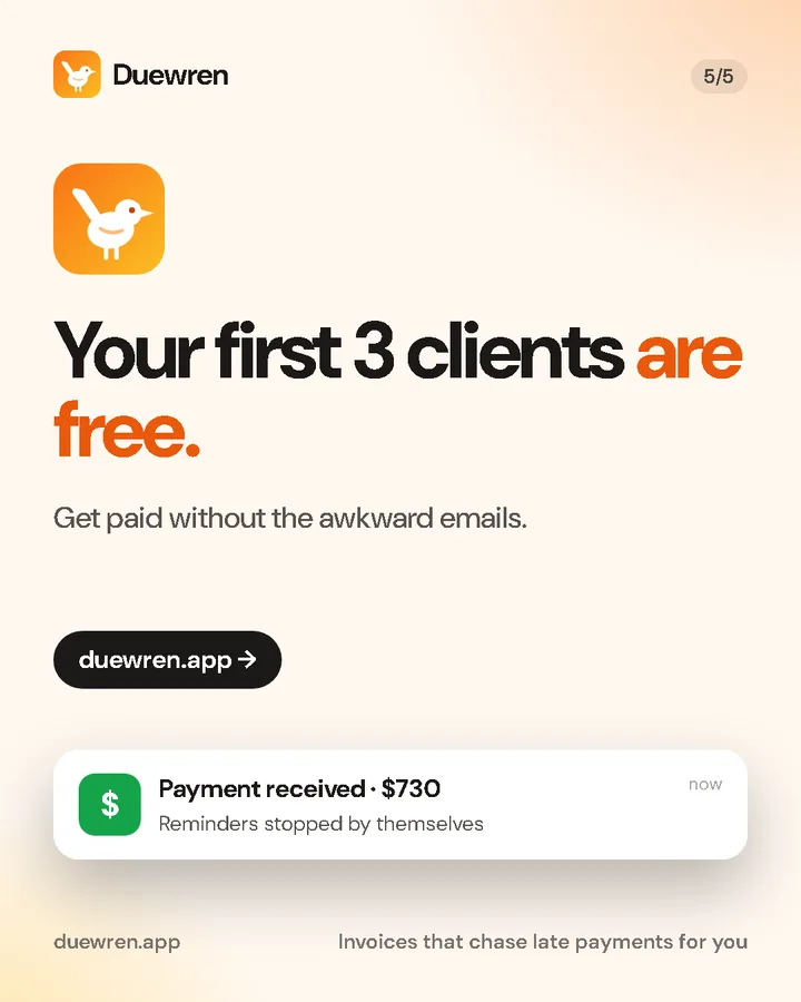 Your first 3 clients are free. duewren.app