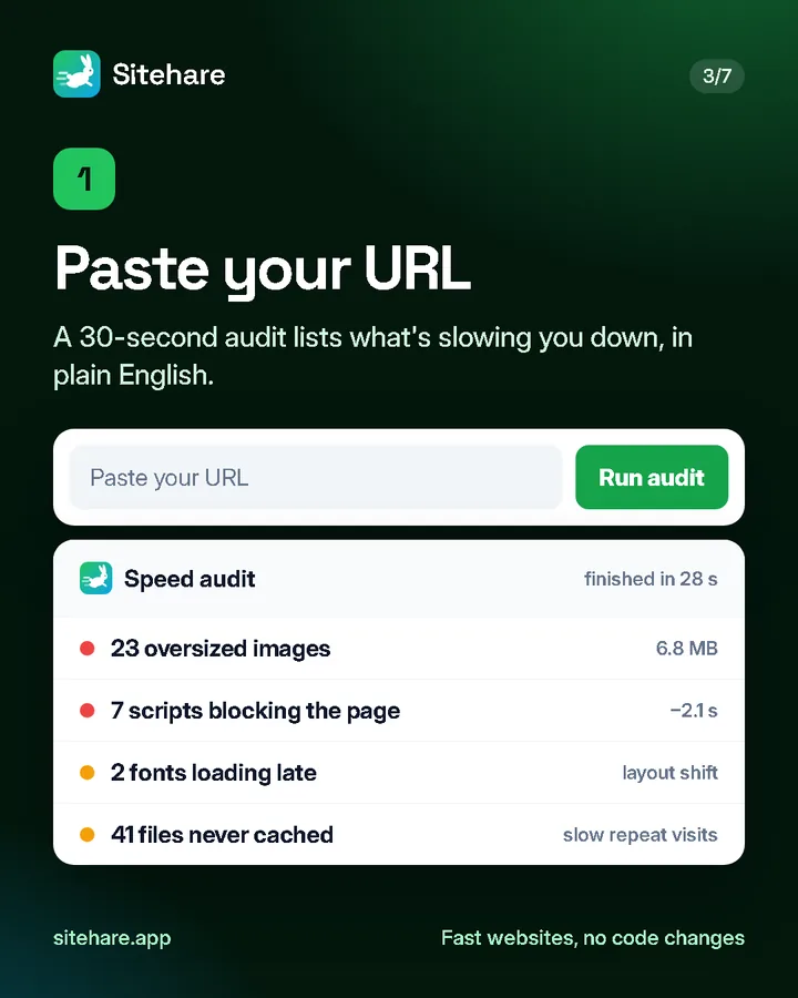 Step 1: Paste your URL. A 30-second audit lists what is slowing you down, in plain English.